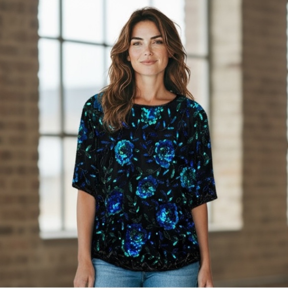 Vintage Scala Black Top with Vibrant Blue Sequins Floral
